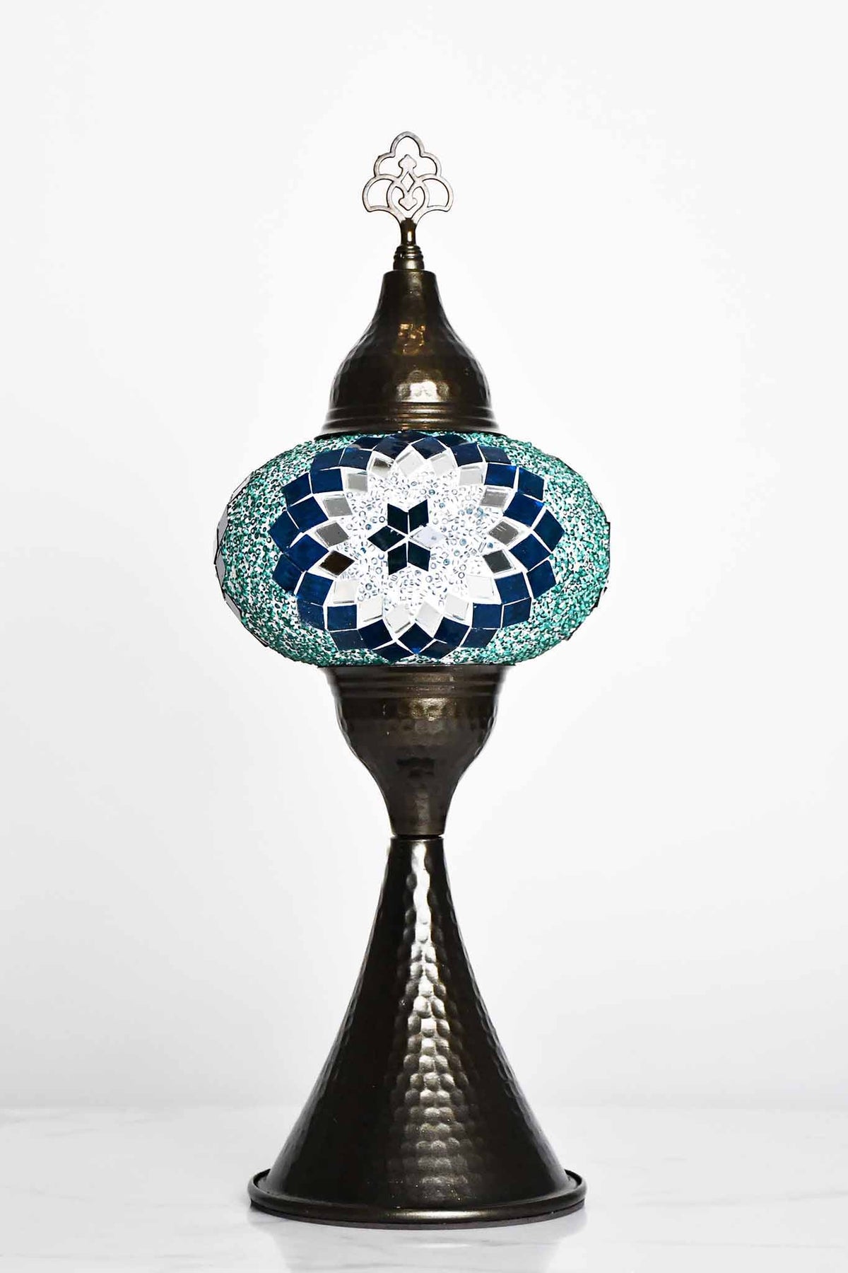 Turkish hammered table lamp round sea green