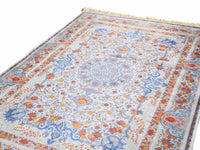 Turkish prayer rug orange blue grey