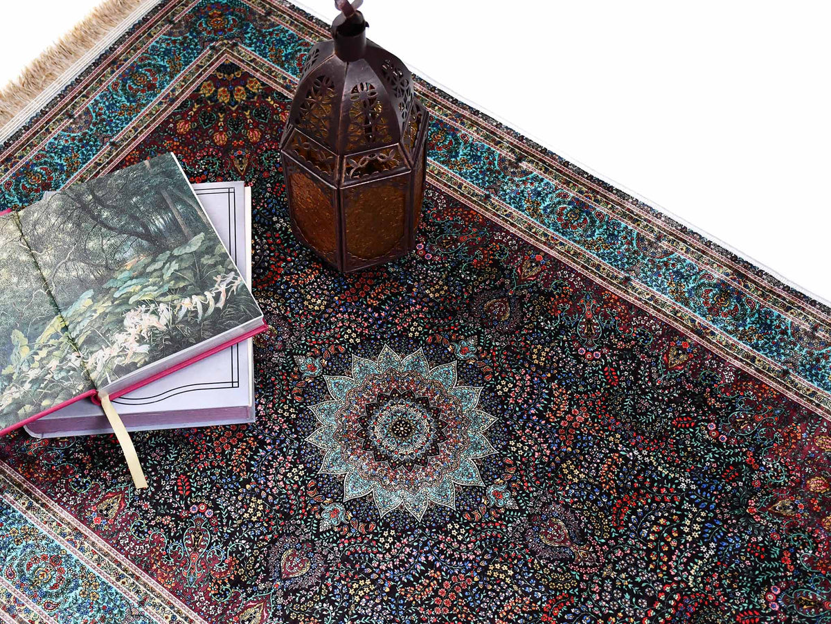 Turkish prayer rug colourful flower black