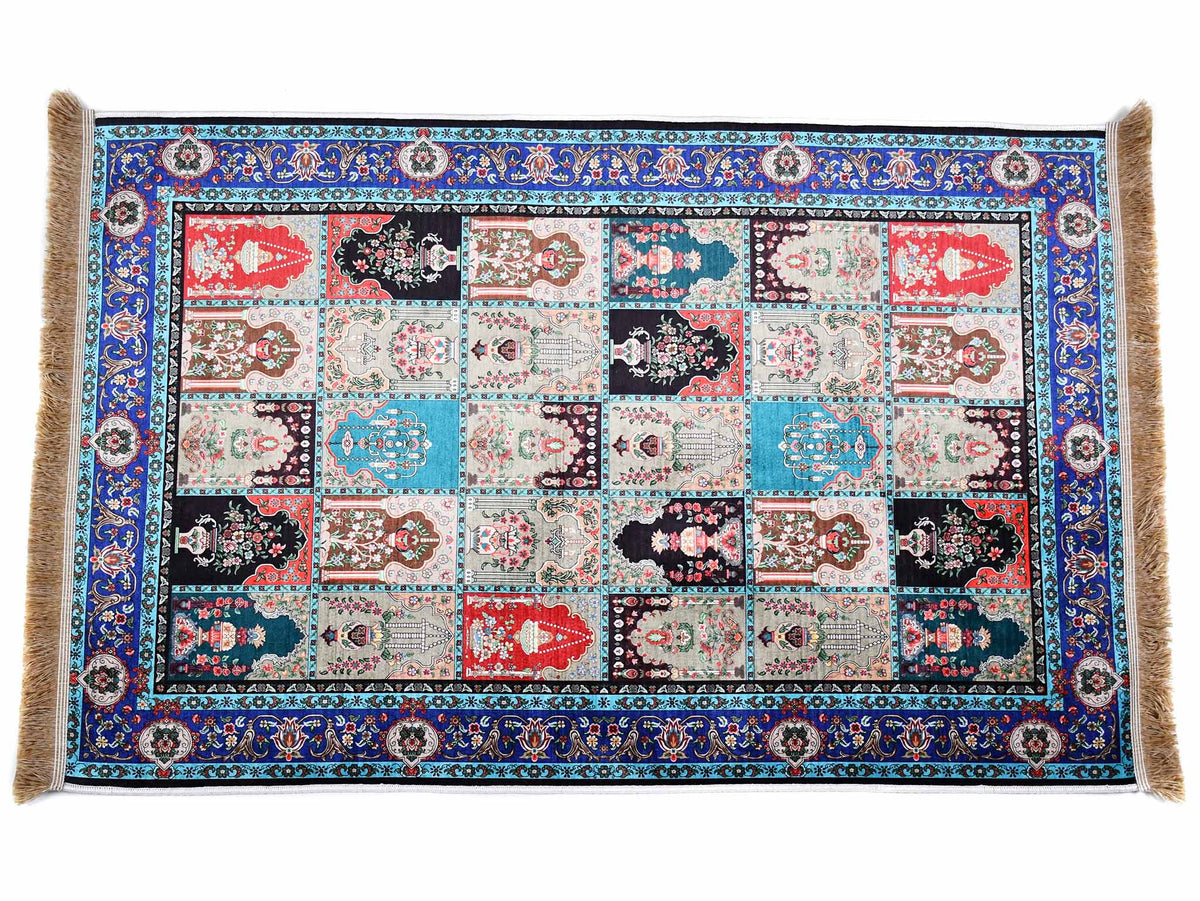 Turkish prayer rug patchwork blue border