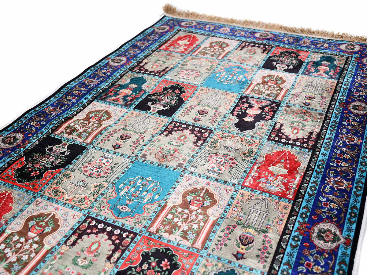 Turkish prayer rug patchwork blue border