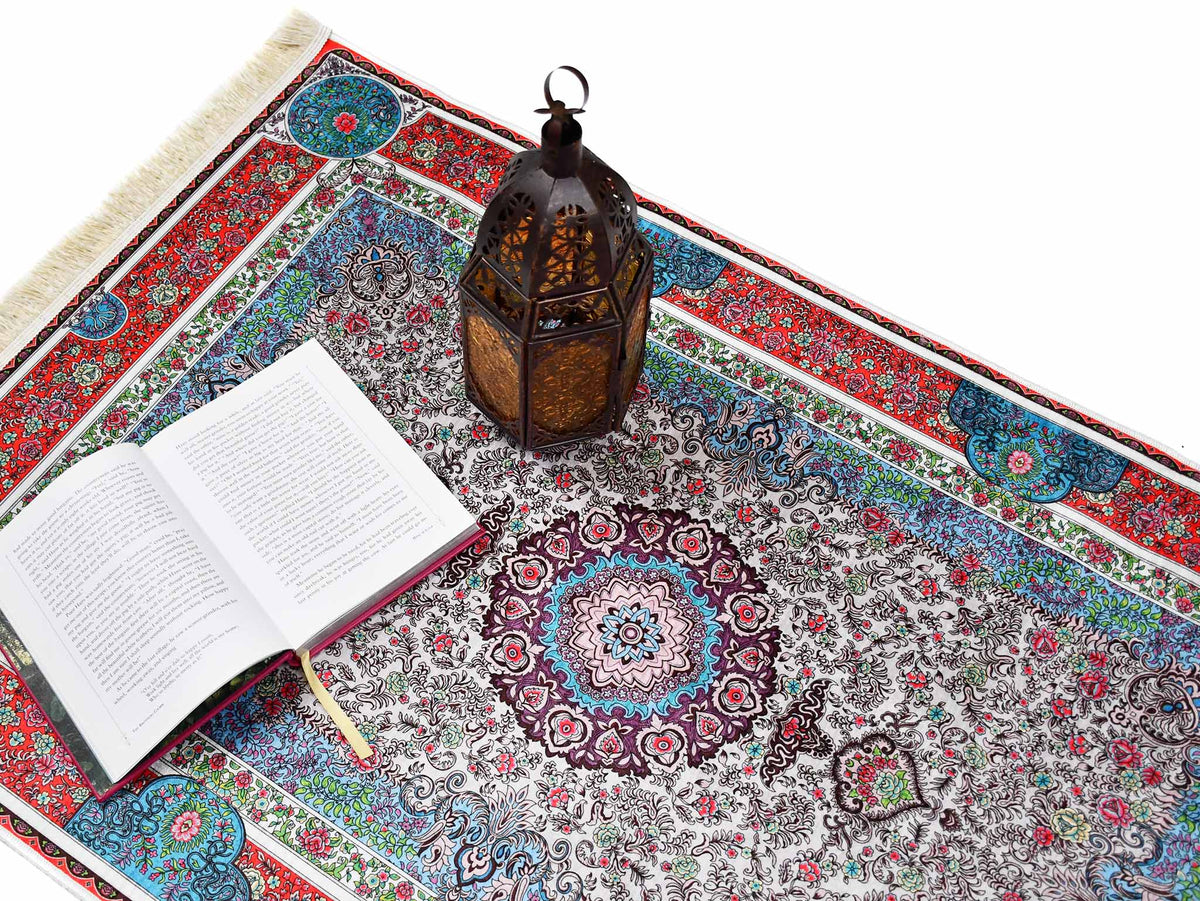 Turkish prayer rug red blue beige