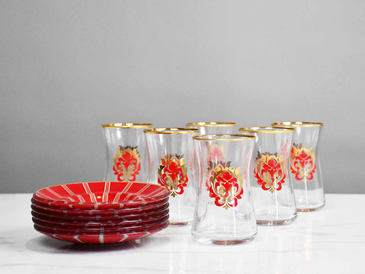 Glass Tea Cup Set of 6 Red Collection