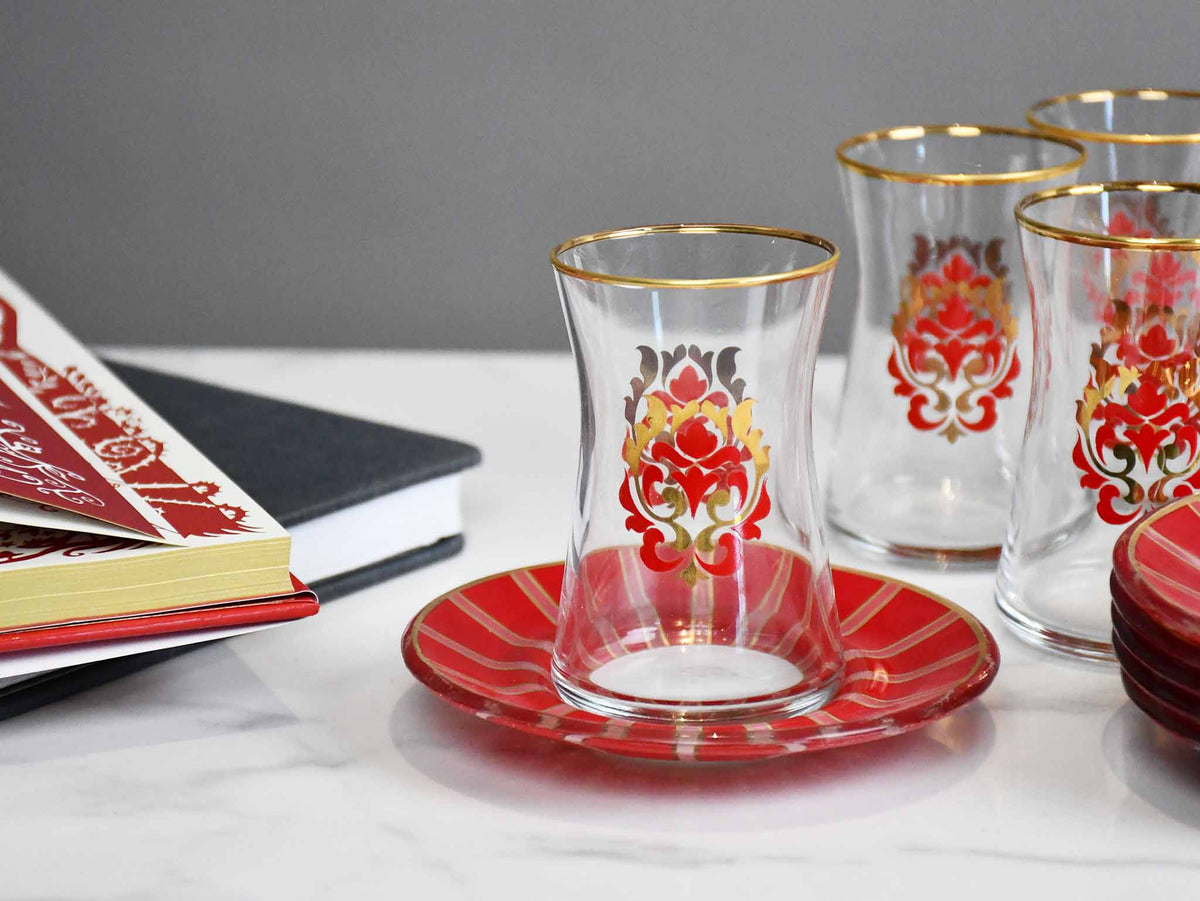 Glass Tea Cup Set of 6 Red Collection