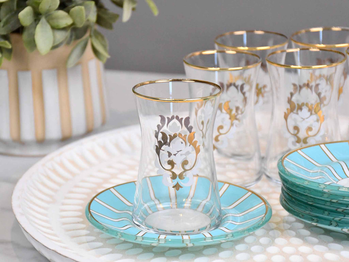 Glass Tea Cup Set of 6 Turquoise Collection