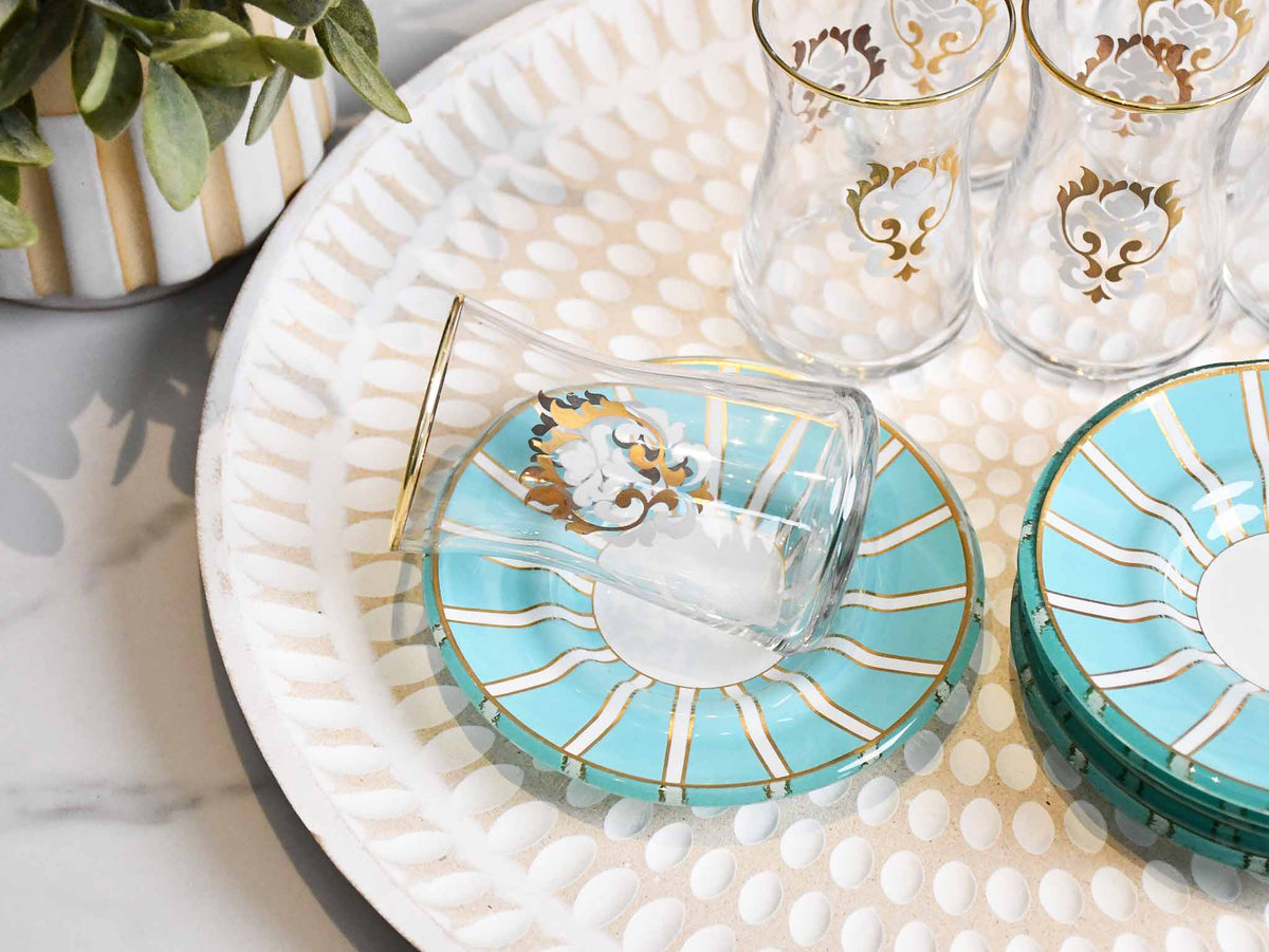 Glass Tea Cup Set of 6 Turquoise Collection