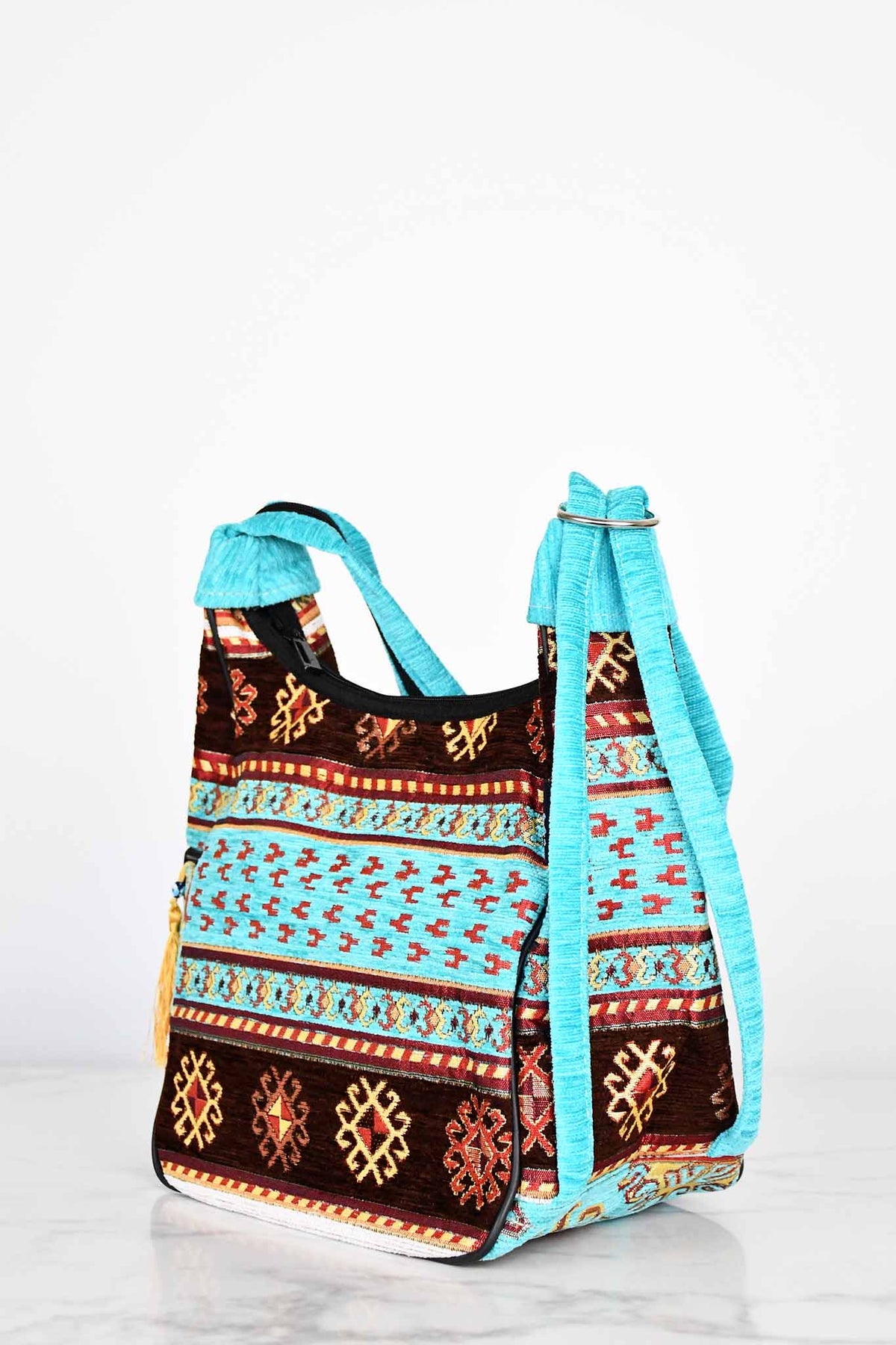 Turkish shoulder bag Aztec brown turquoise