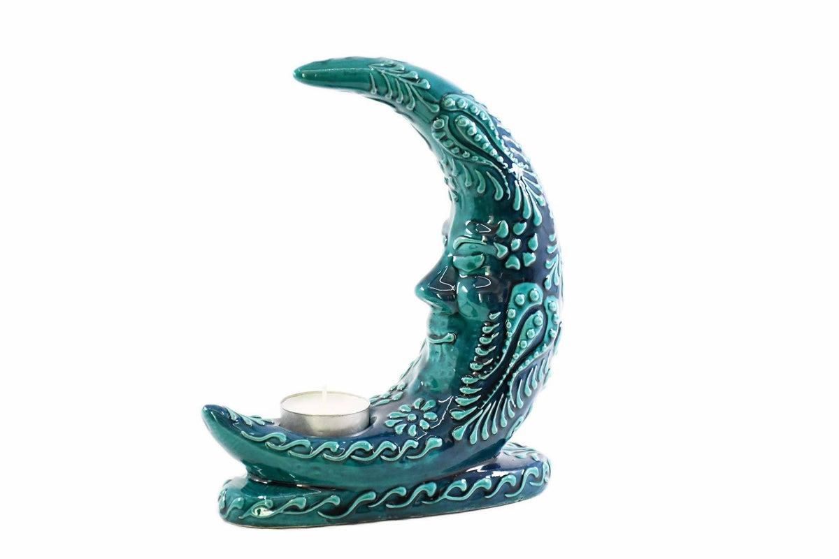 Moon Shape Candle Holder Turquoise Green Handmade