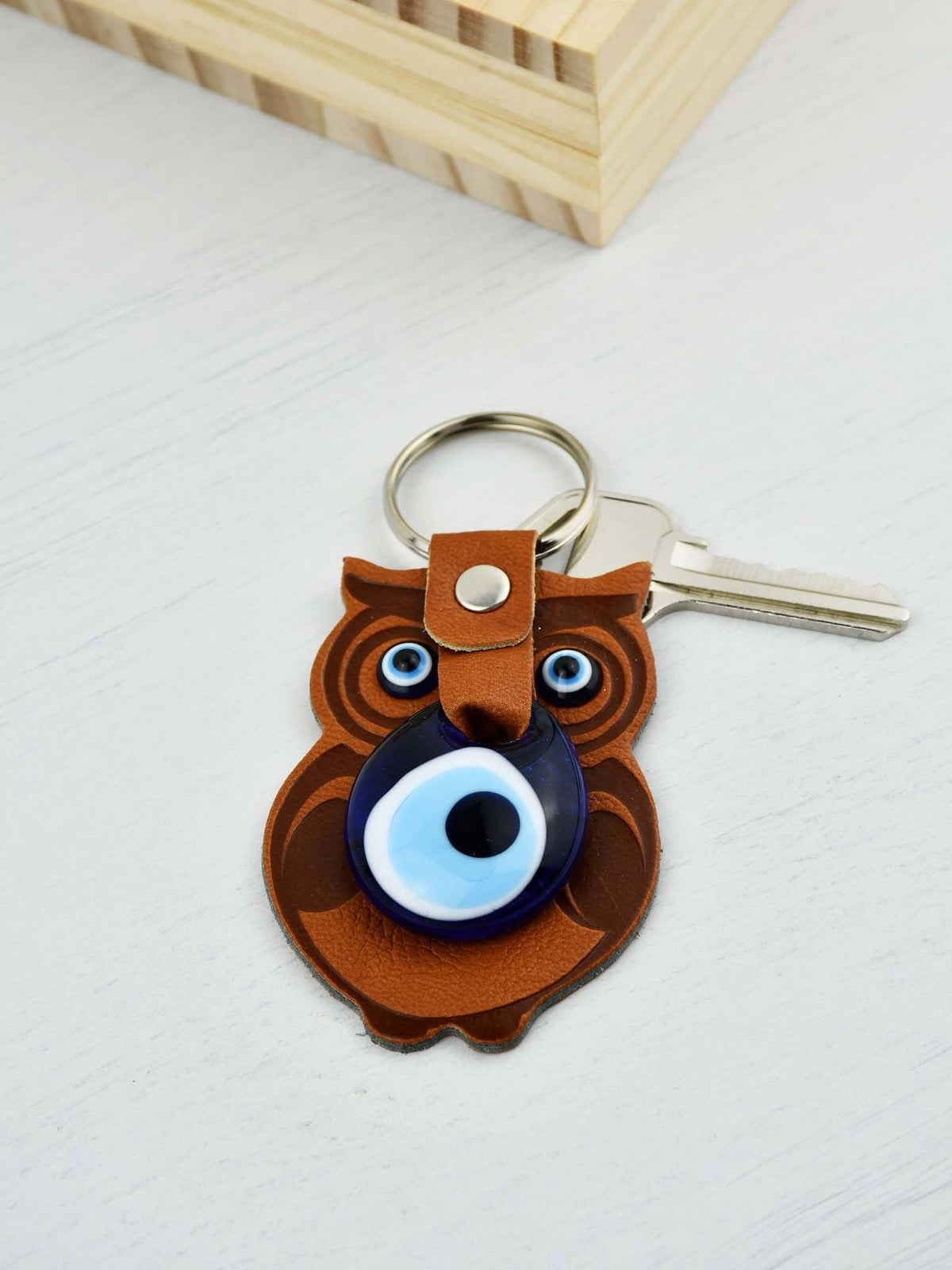 Evil Eye Keyring Faux Leather Owl Brown Evil Eye Sydney Grand Bazaar 