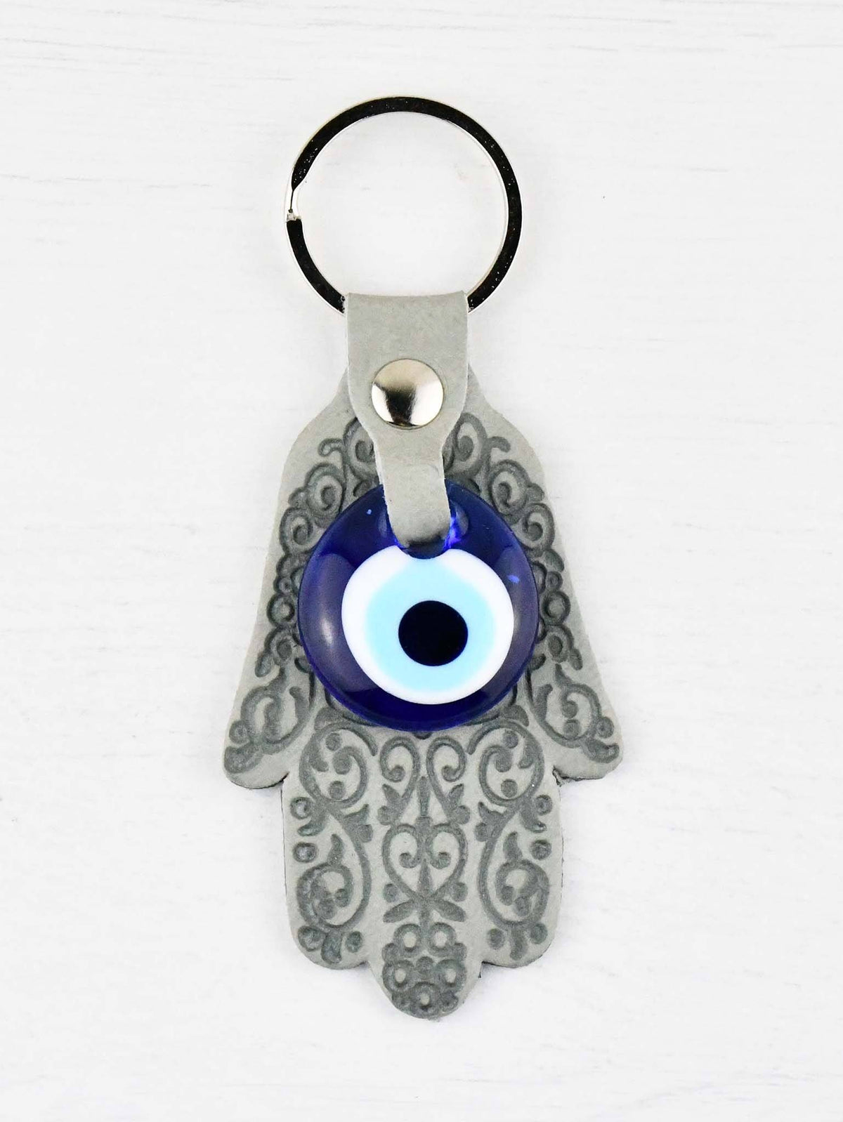 Evil Eye Keyring Leather Hamsa Grey