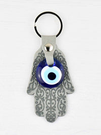 Evil Eye Keyring Leather Hamsa Grey