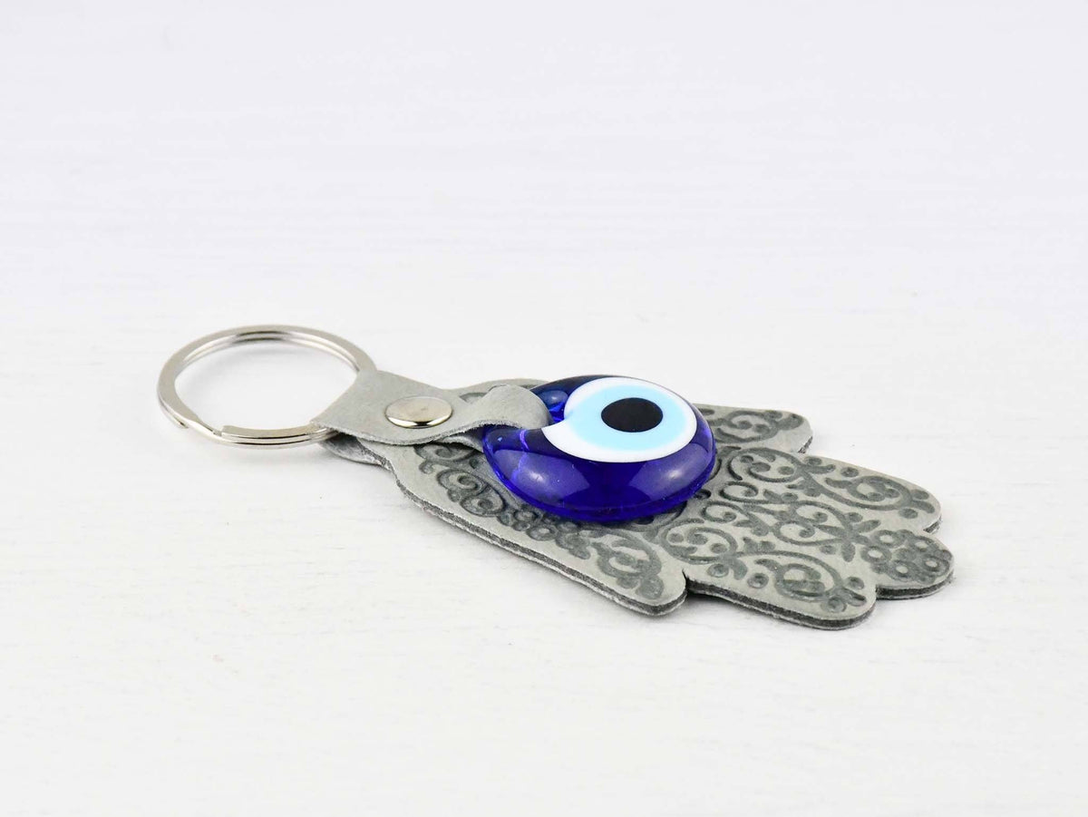 Evil Eye Keyring Leather Hand Grey