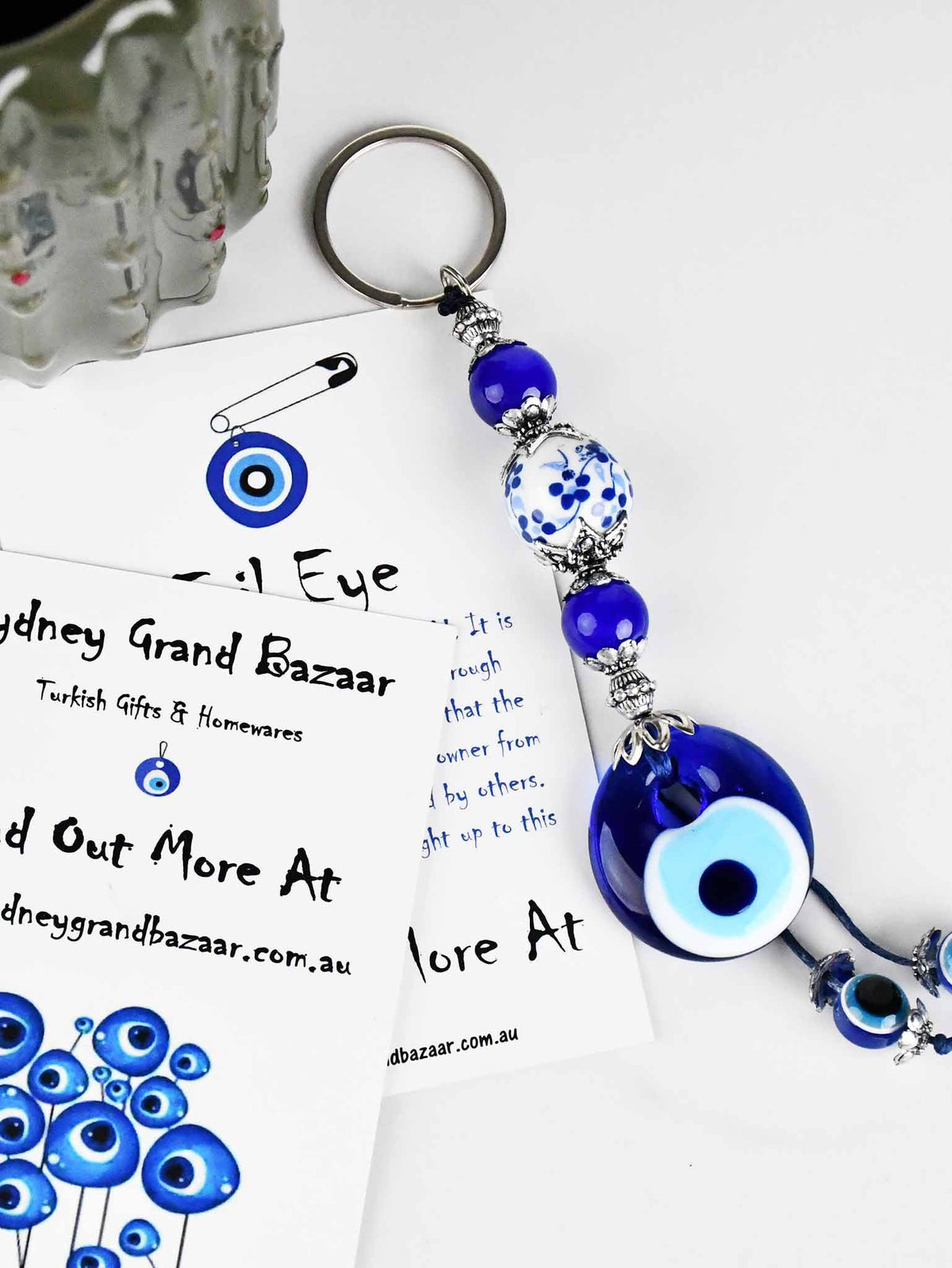 Evil Eye Keyring Small Ceramic Ball Blue Evil Eye Sydney Grand Bazaar 