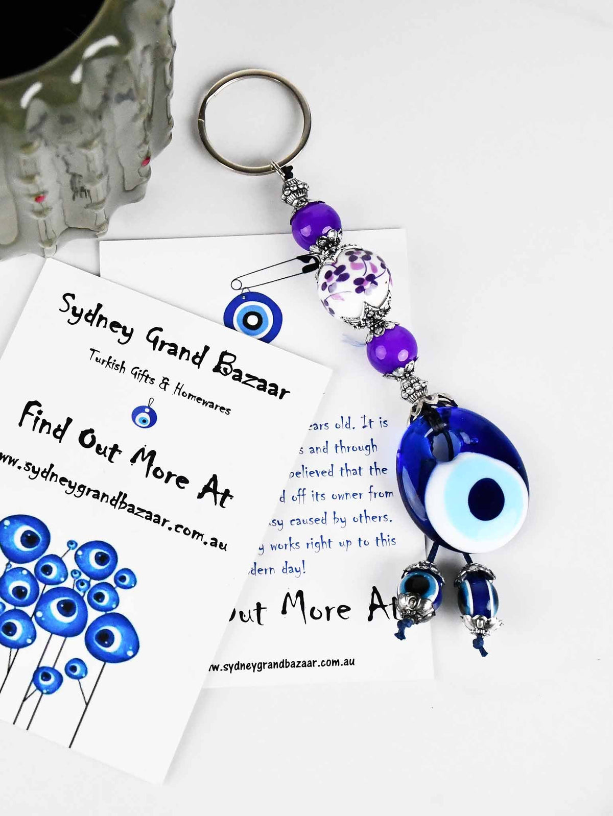 Evil Eye Keyring Small Ceramic Ball Purple Evil Eye Sydney Grand Bazaar 