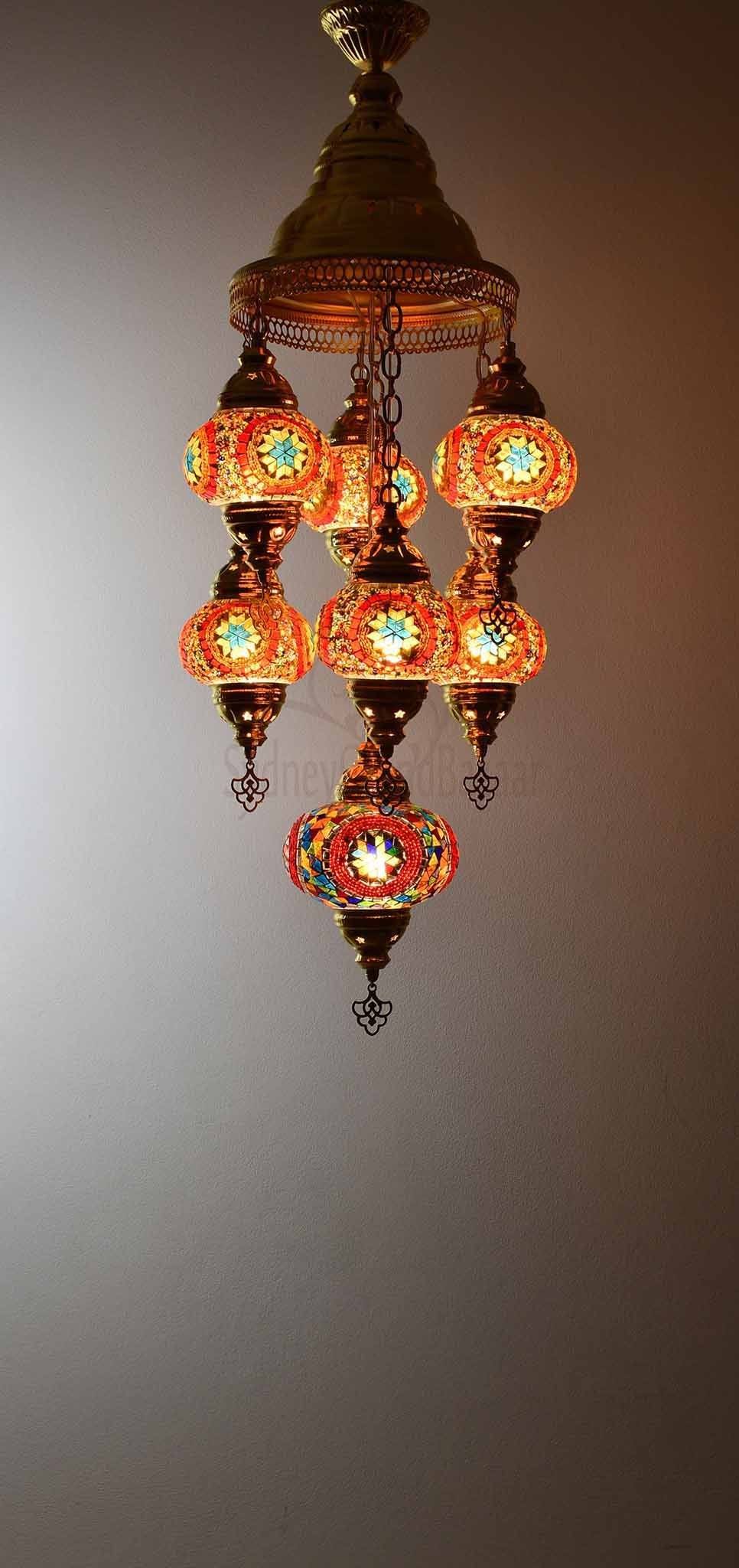 Turkish Mosaic Pendant Light 7 Globes in Gold Lighting Sydney Grand Bazaar Multicolour 1 