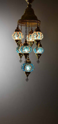 Turkish Mosaic Pendant Light 7 Globes in Gold Lighting Sydney Grand Bazaar Turquoise 