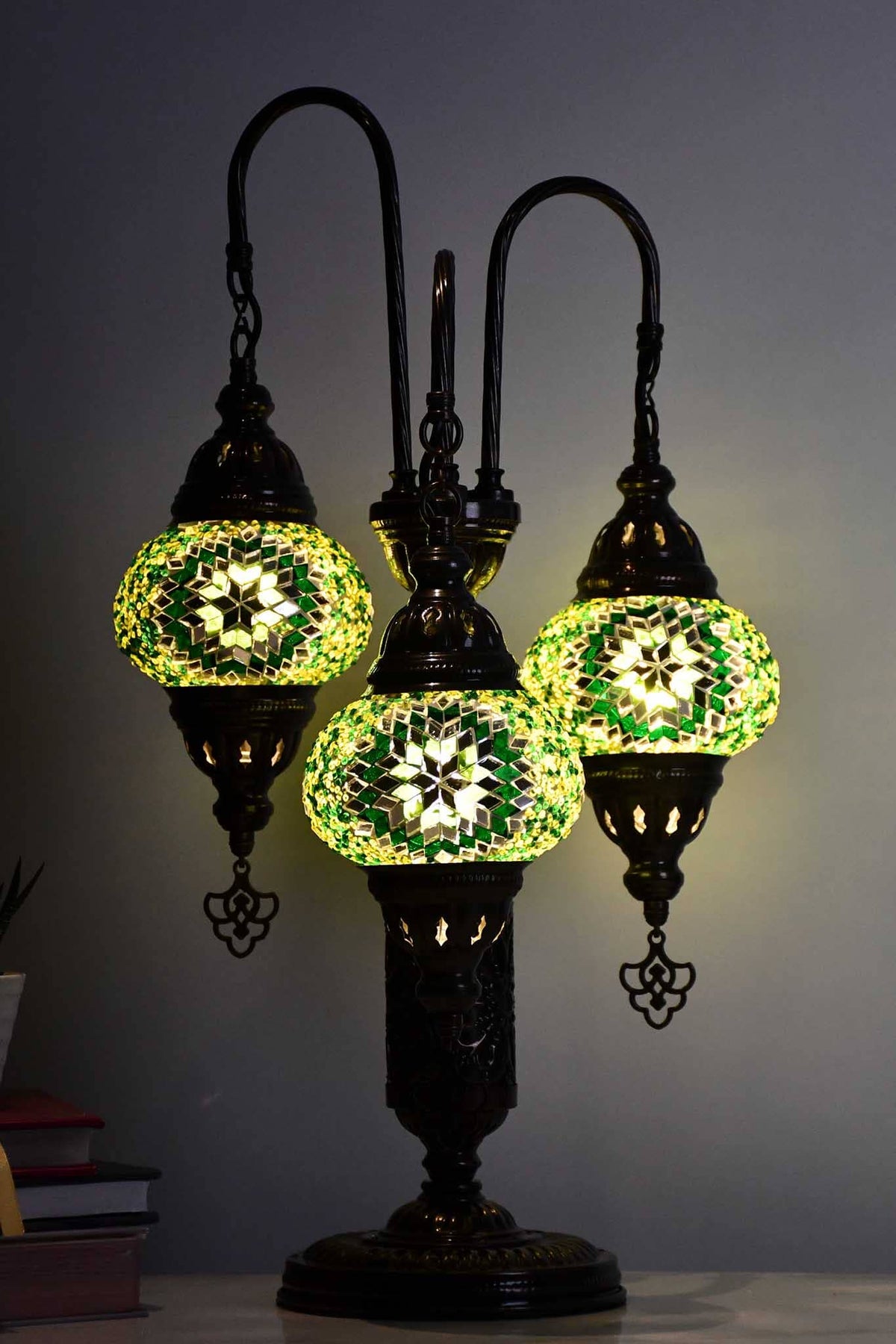 Turkish Mosaic Table Lamp Triple Medium Green Star Beads Lighting Sydney Grand Bazaar 