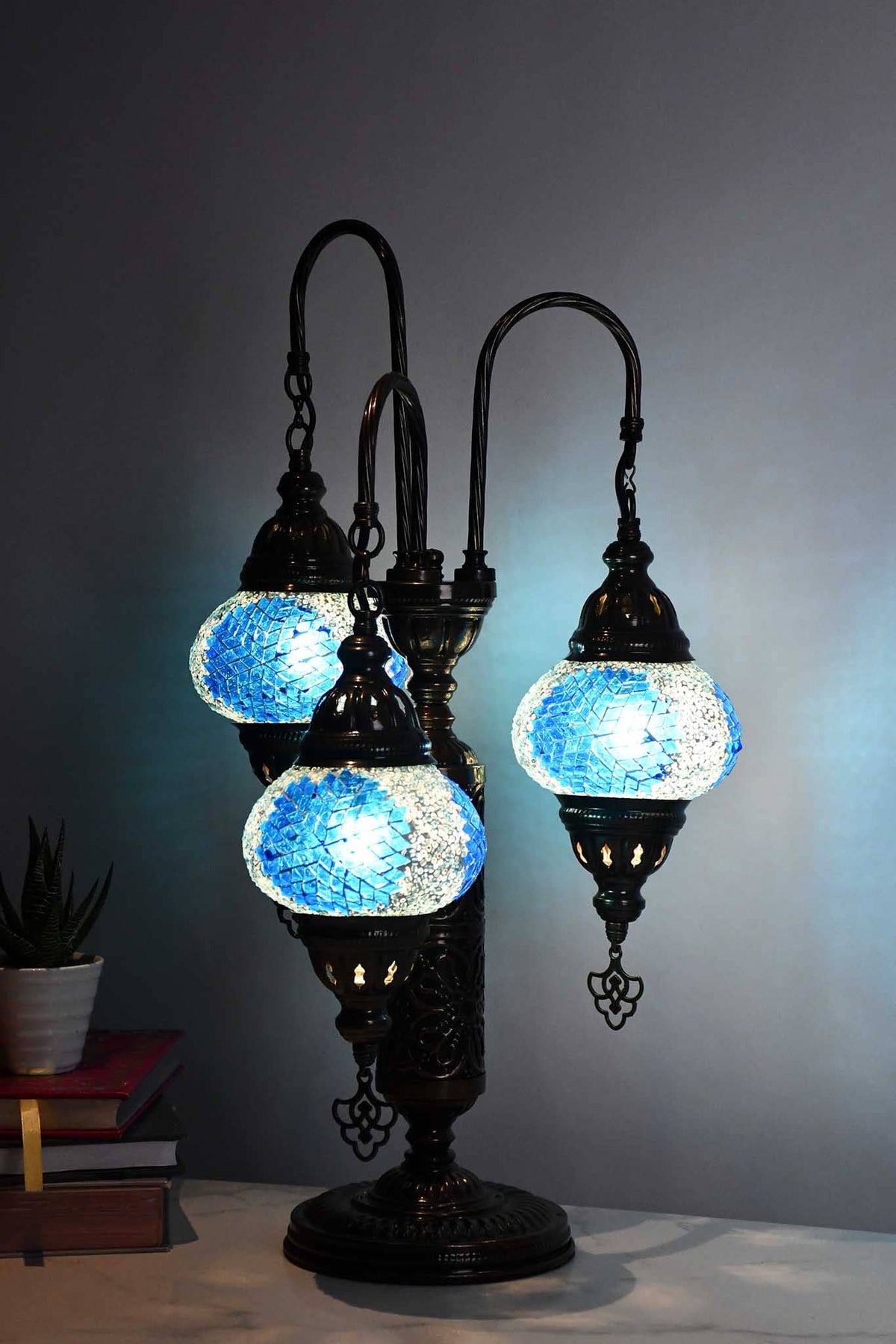 Turkish Mosaic Table Lamp Triple Medium Turquoise Star Beads Lighting Sydney Grand Bazaar 